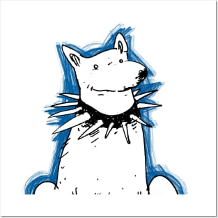 white dog with blue scrawl Posters and Art